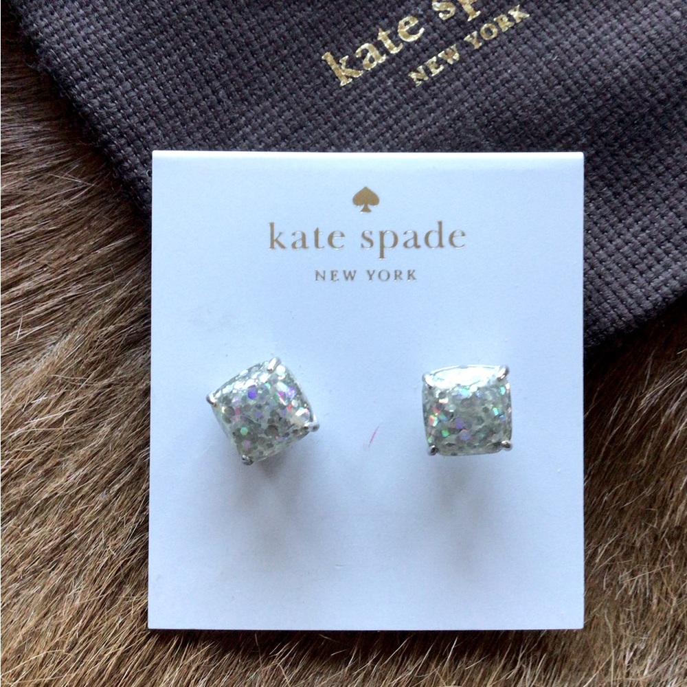Kate Spade Glitter Stud Earrings Opal Silver Rhodium Square Dust Bag New York